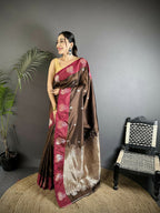 Joban Fashion Brown Small Butti Soft Silk Banarasi Saree | Grocsy