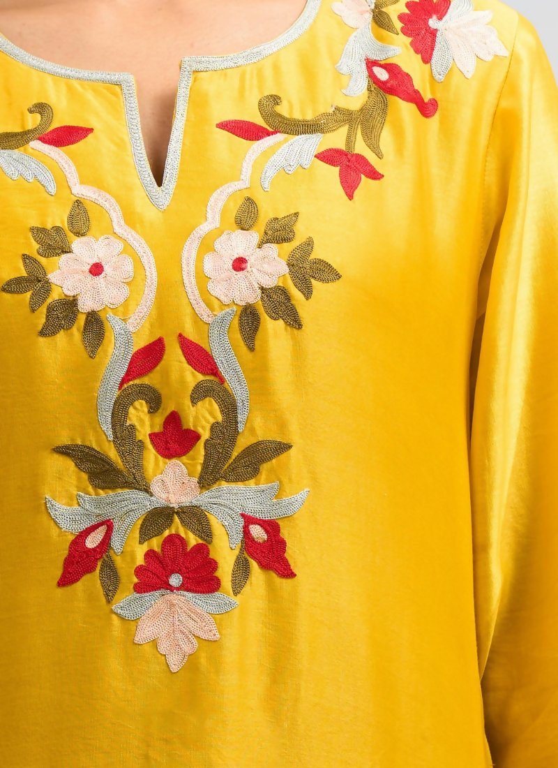 Joban Fashion Yellow Silk Embroidered Readymade Long Kurta With Pant | Grocsy