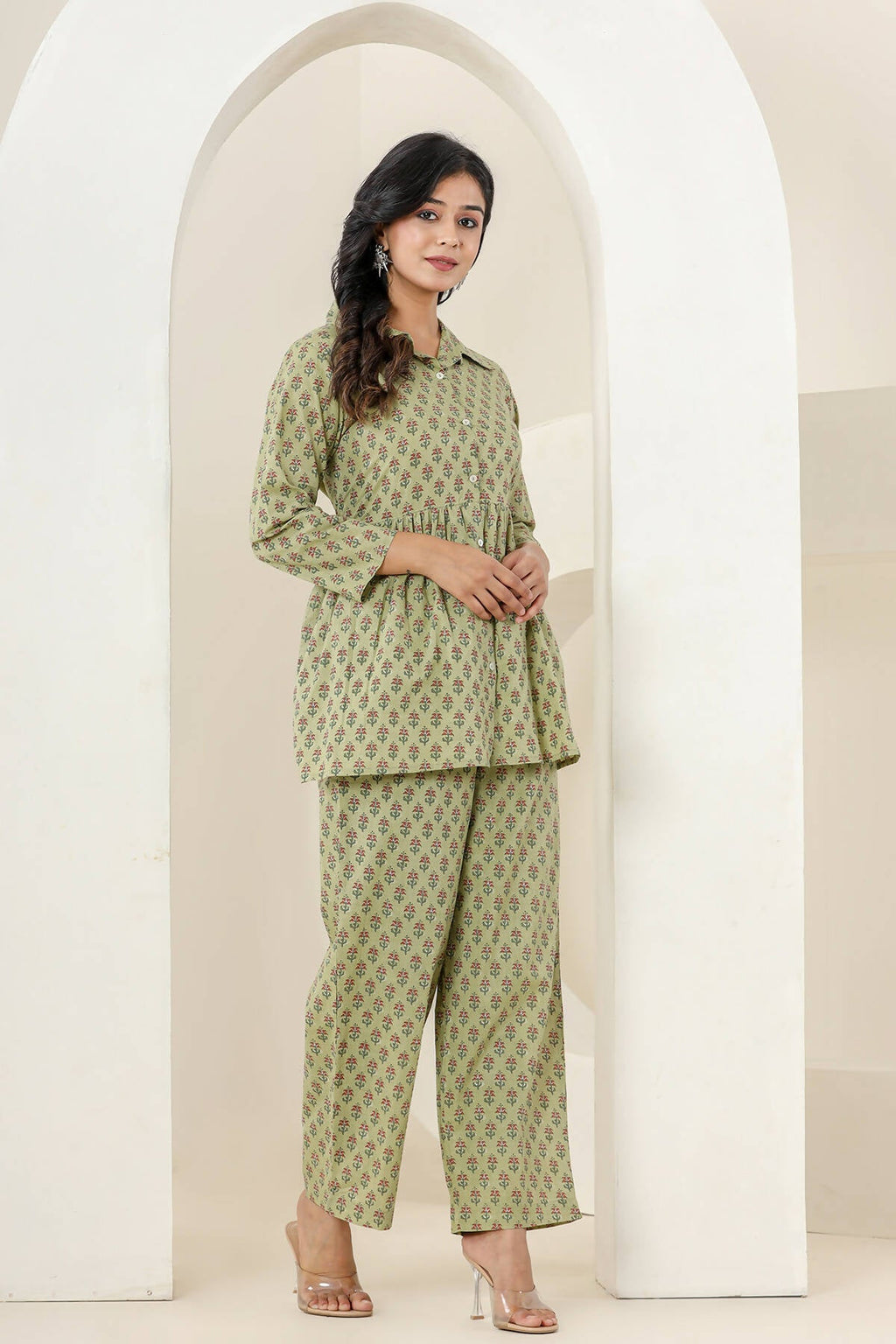 Kaajh Women's Green Printed Cotton Co-ord Set | Grocsy