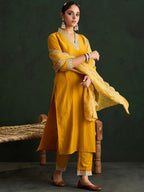 Indo Era Mustard Yellow Floral Embroidered V-Neck Straight Kurta with Trousers & Dupatta | Grocsy