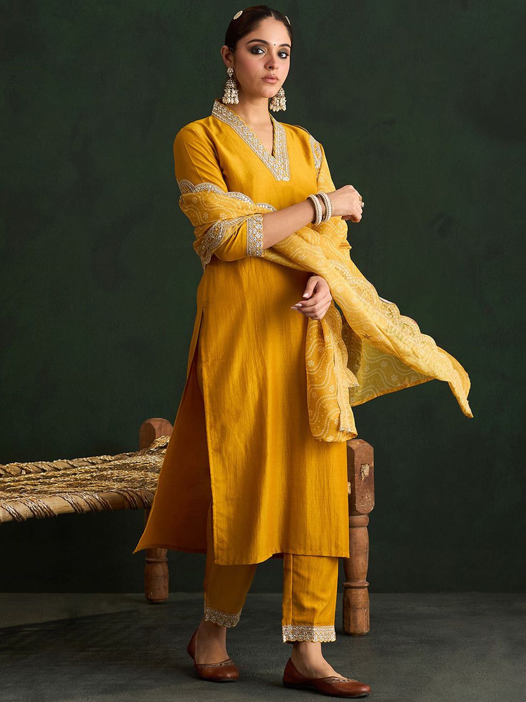 Indo Era Mustard Yellow Floral Embroidered V-Neck Straight Kurta with Trousers & Dupatta | Grocsy