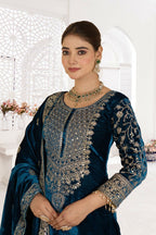 Joban Fashion Blue Velvet Sequence Embroidery Work Kurta Set | Grocsy