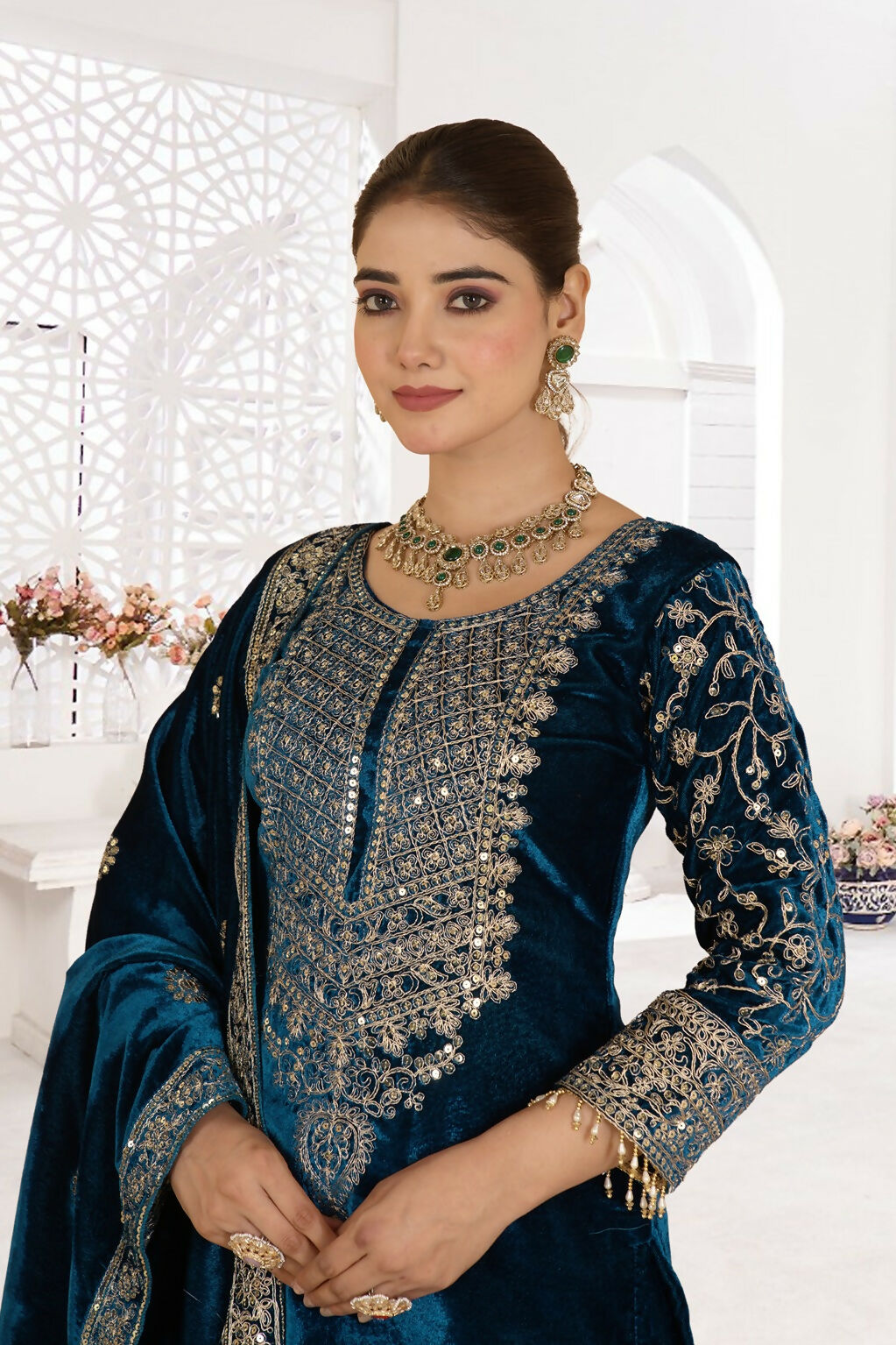 Joban Fashion Blue Velvet Sequence Embroidery Work Kurta Set | Grocsy