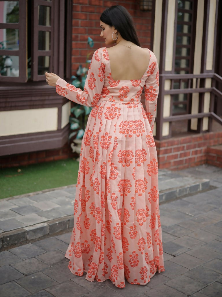 Jyoti Fashion Women's Peach Heavy Digital Printed Pure Chanderi Anarkali Dress | Grocsy