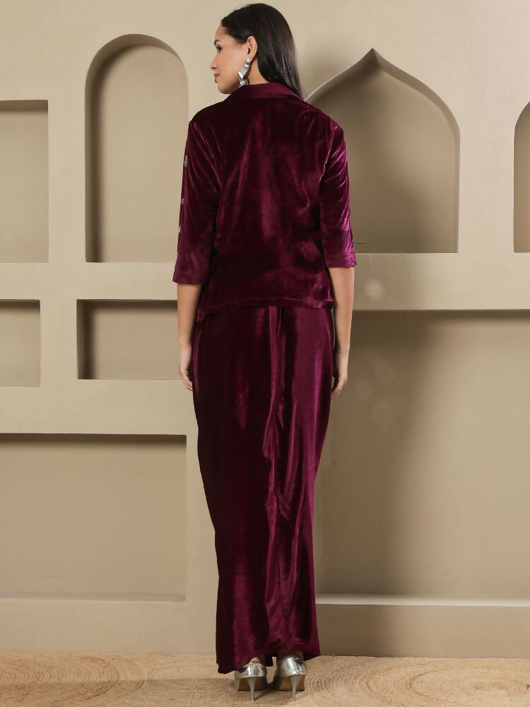 Joban Fashion Women Wine Velvet Hand Embellishment Stitched Dress | Grocsy