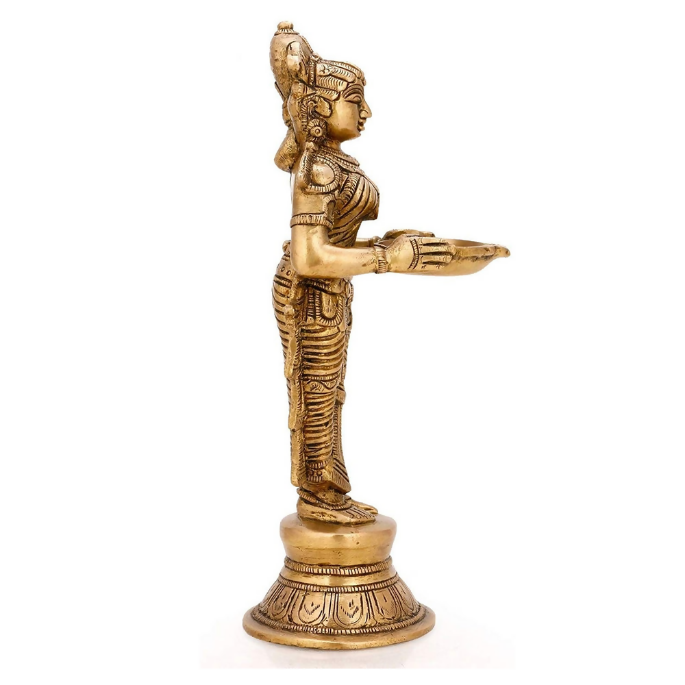 CraftVatika Brass Beautiful Lady Holding Diya Oil Lamp Stand Showpiece | Grocsy