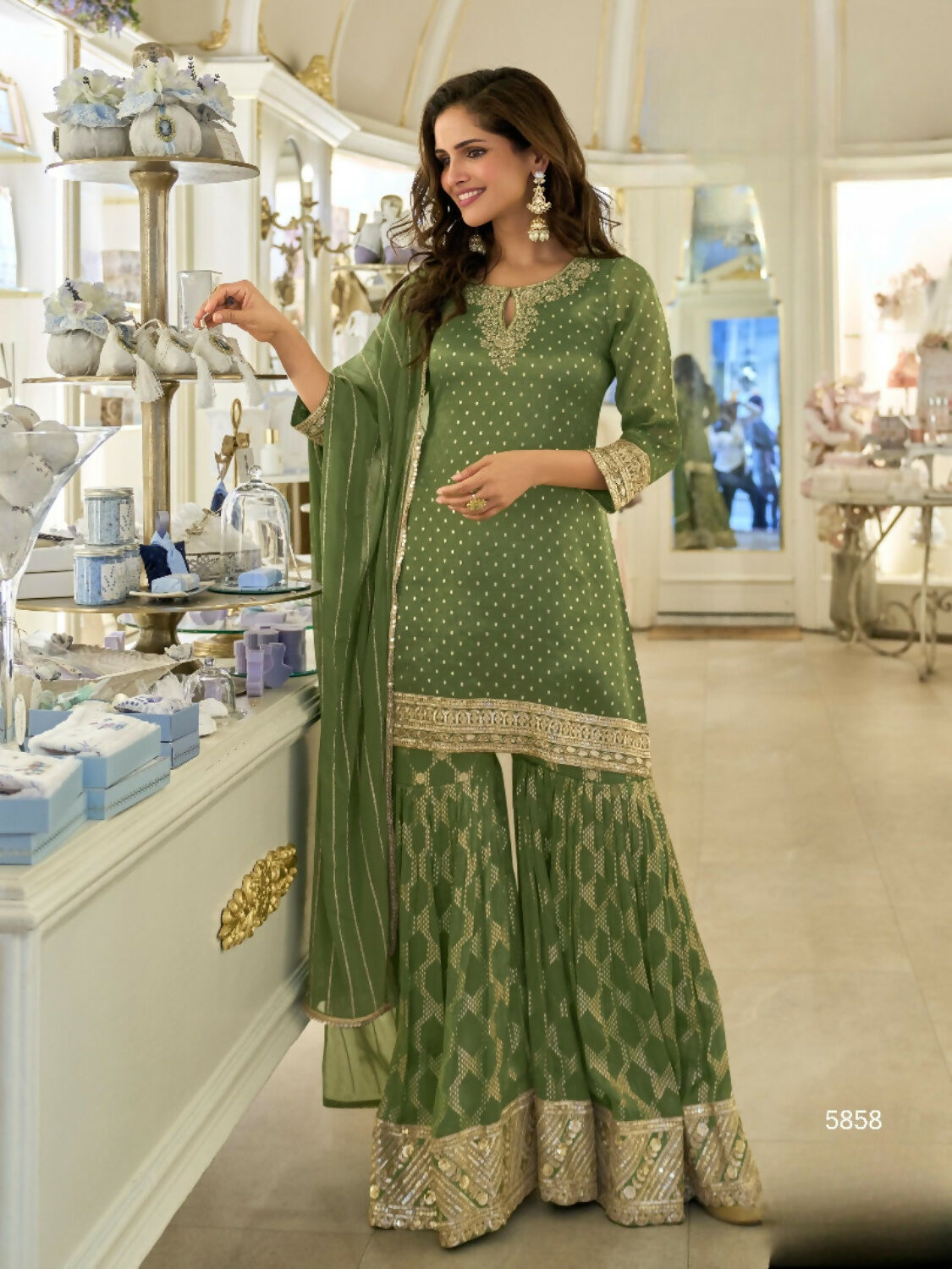 Anaita Mehendi Viscose Silk Readymade Palazzo Suit with Embroidery Work | Grocsy