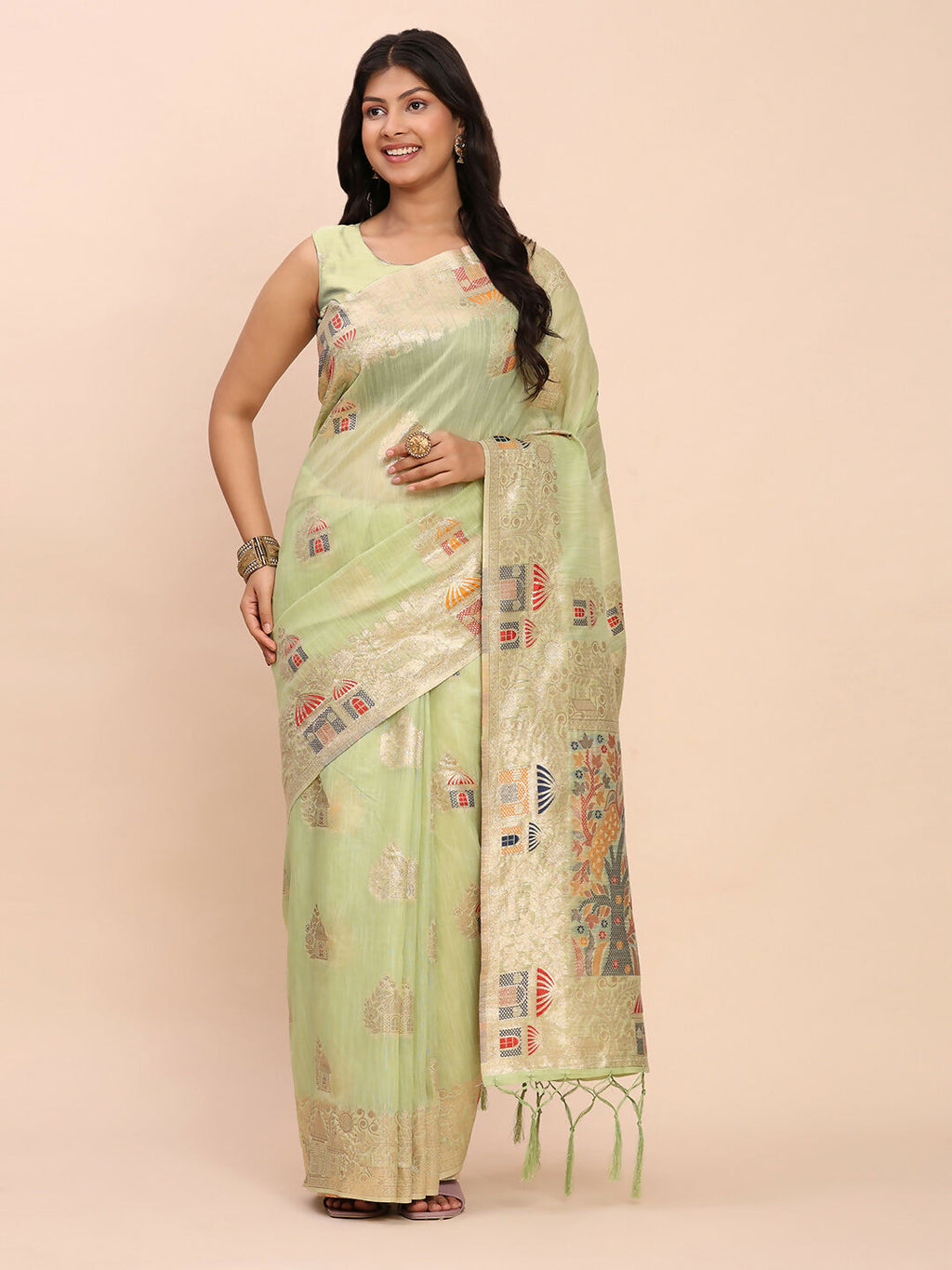 Shree Shyam Fashion Linen Cotton Light Green Saree | Grocsy
