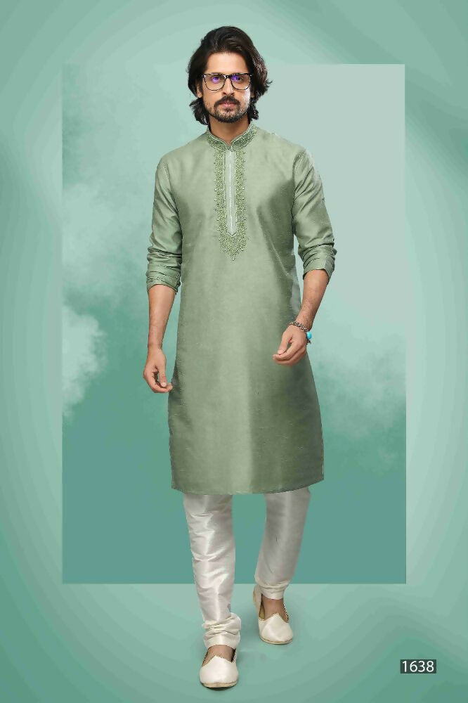 Raivat Ethnic Art Silk Mirror Embroidery Work Kurta Pajama In Light Green Colour | Grocsy