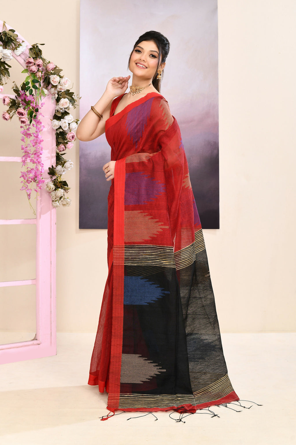 Piyari Fashion Women's Maroon Temple Border Embellished Cotton Blend Jamdani Saree | Grocsy
