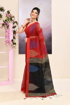 Piyari Fashion Women's Maroon Temple Border Embellished Cotton Blend Jamdani Saree | Grocsy