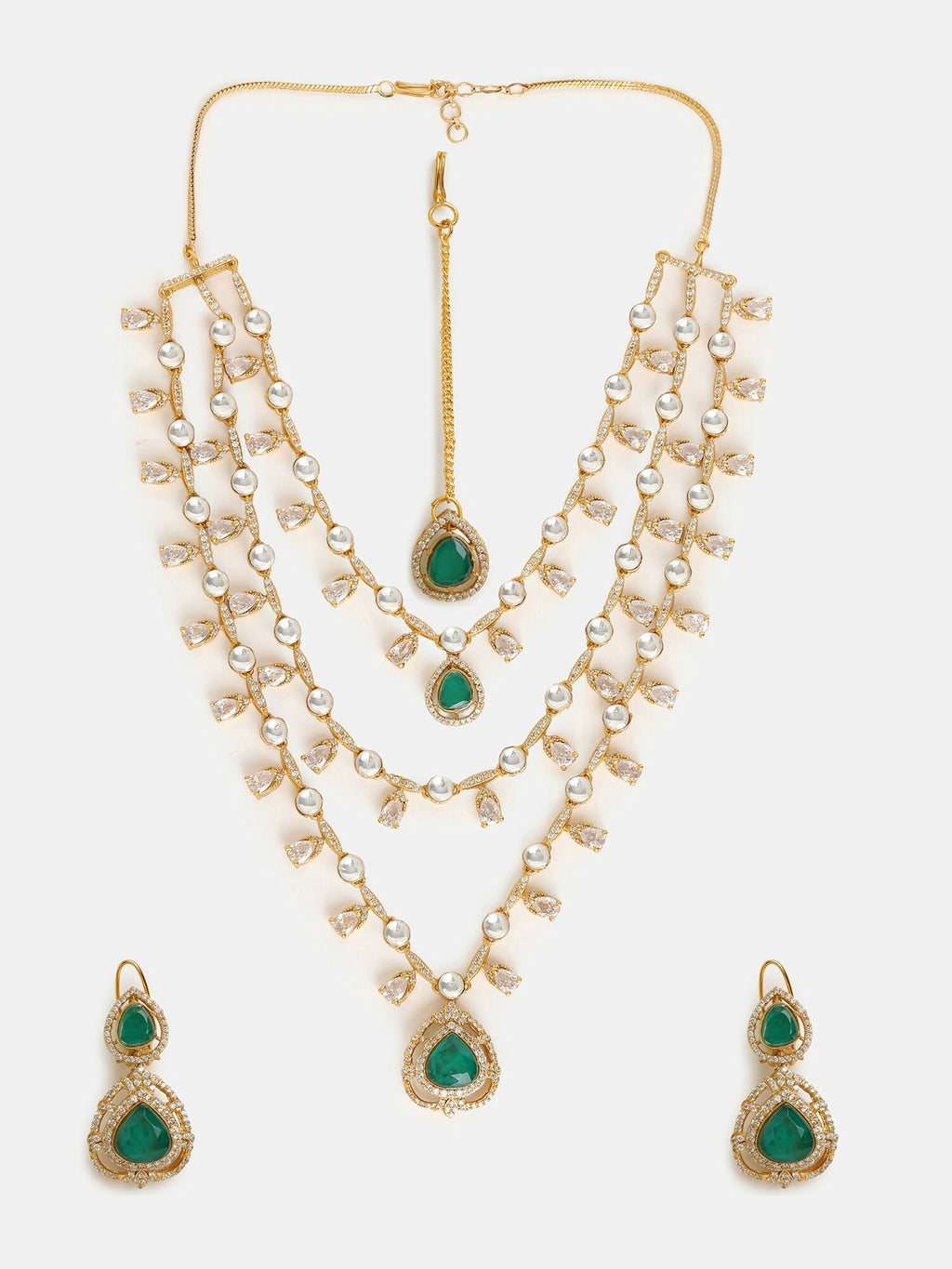 Ruby Raang 22k Gold Polished Layered Kundan And Emerald Necklace With Earrings And Maang Tikka | Grocsy