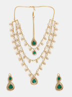 Ruby Raang 22k Gold Polished Layered Kundan And Emerald Necklace With Earrings And Maang Tikka | Grocsy
