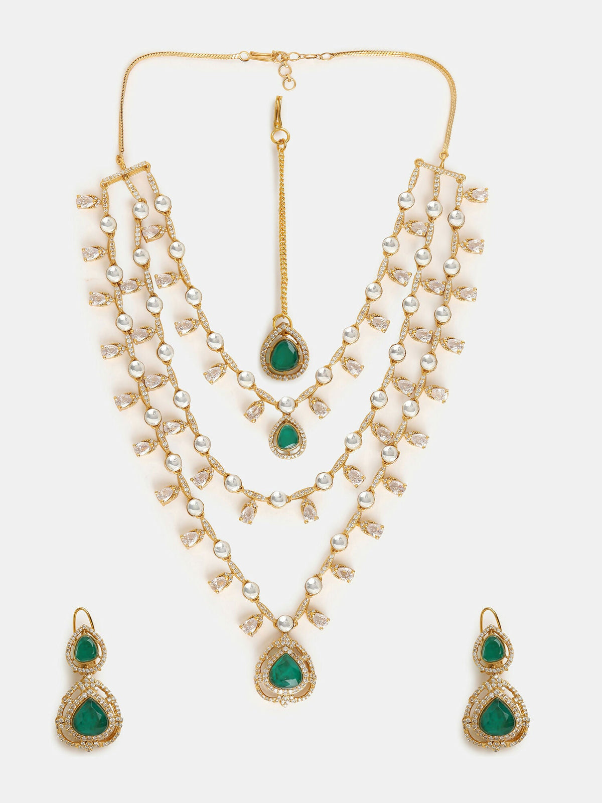 Ruby Raang 22k Gold Polished Layered Kundan And Emerald Necklace With Earrings And Maang Tikka | Grocsy