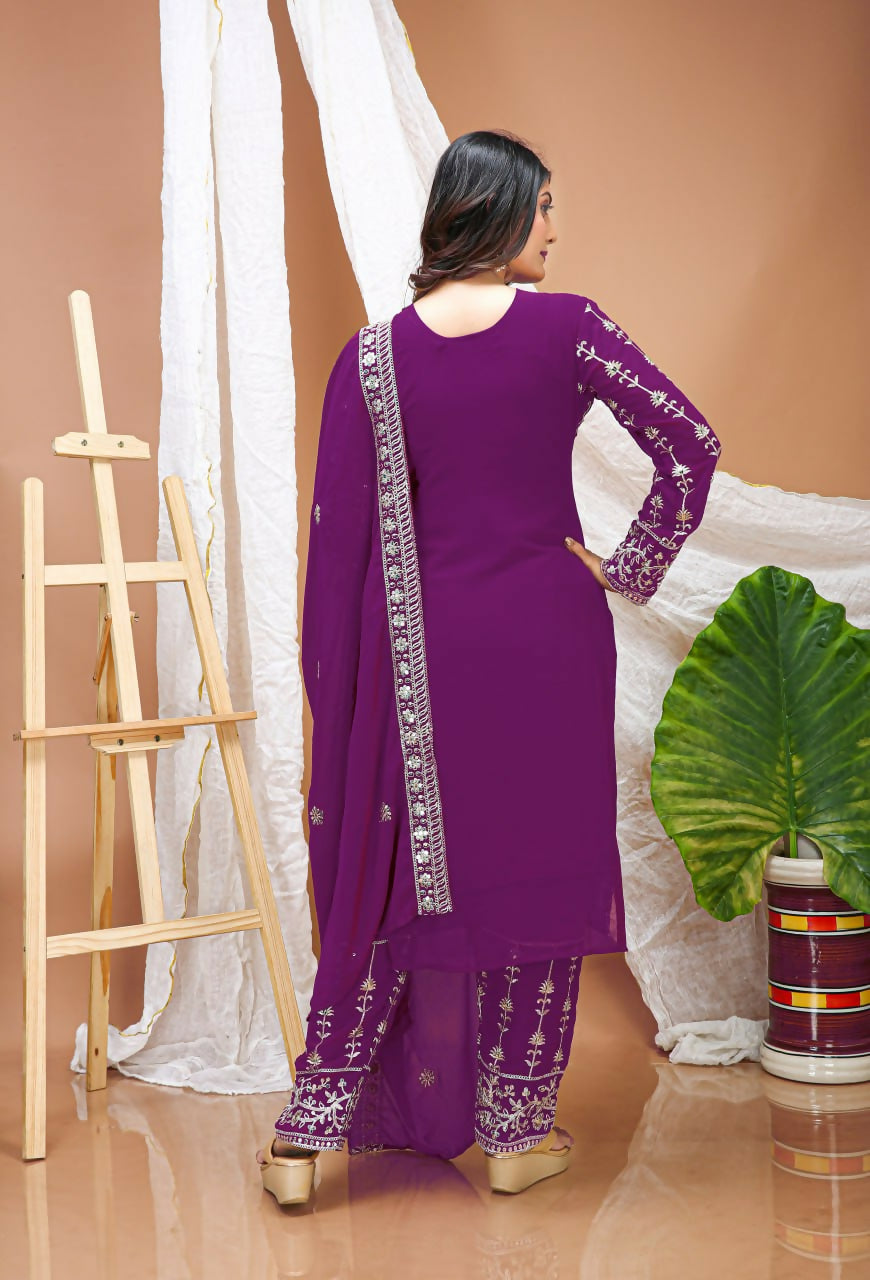 Teeya Creation Wine Faux Georgette Embroidery Work Wedding Wear Salwar Suit | Grocsy