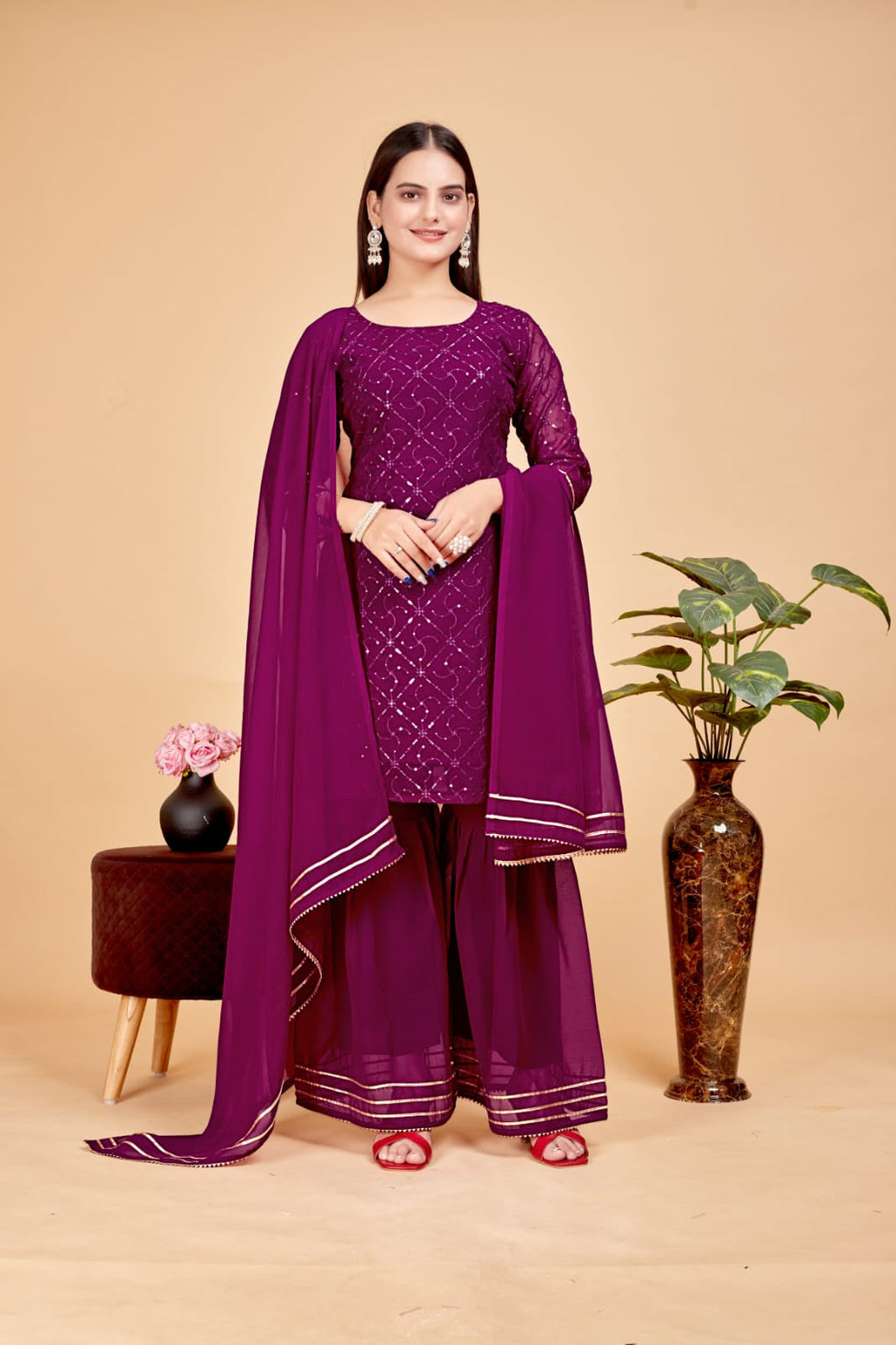 Women's A-Line Purple Kurta and Sharara With Dupatta Set - A2M | Grocsy