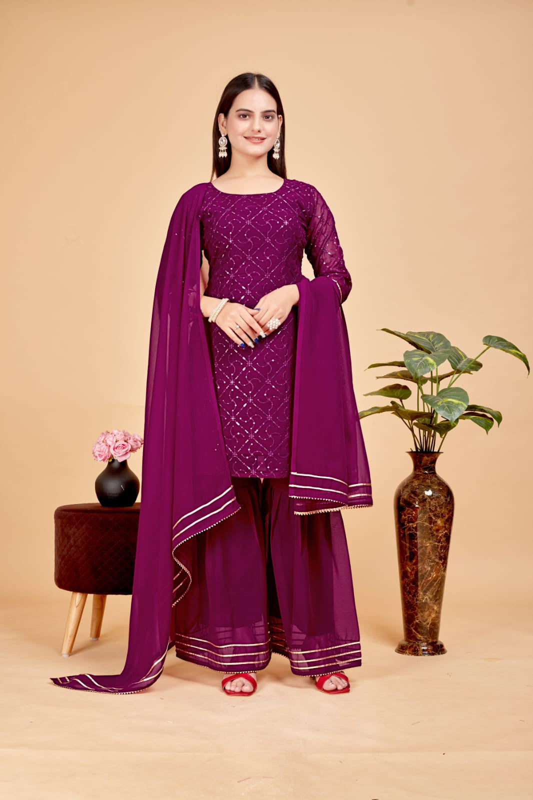 Women's A-Line Purple Kurta and Sharara With Dupatta Set - A2M | Grocsy