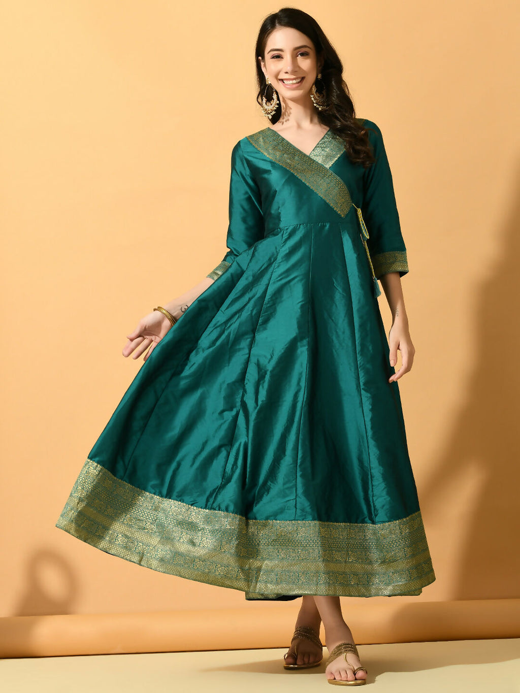 Myshka Women's Green Silk Festive Anarkali Kurta | Grocsy