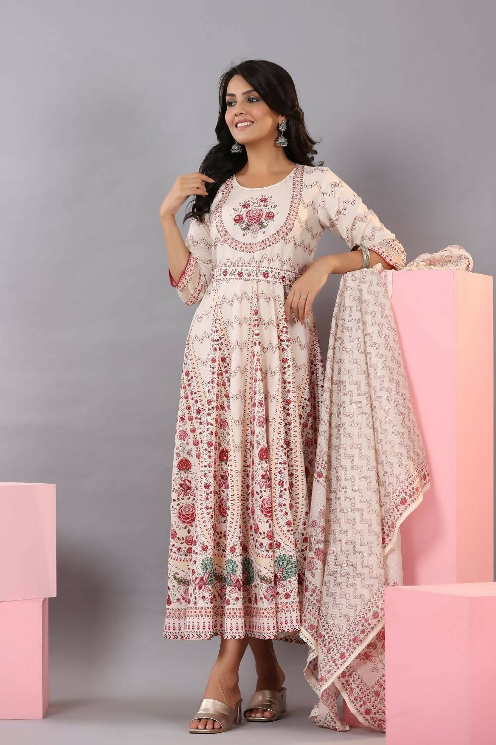 Juniper Women Ecru Rayon Floral Printed Kurta and Dupatta Set | Grocsy