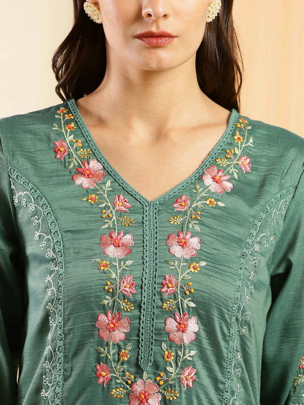 Green Chinon Embroidered Straight Kurta with Trouser & Dupatta - Salimar | Grocsy