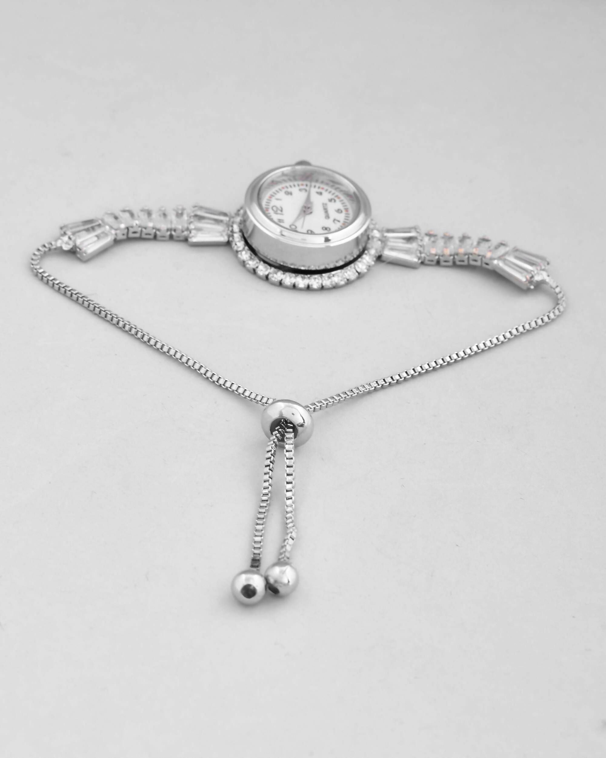 VOJ Silver Plated Crystal Studded Watch Bracelet | Grocsy