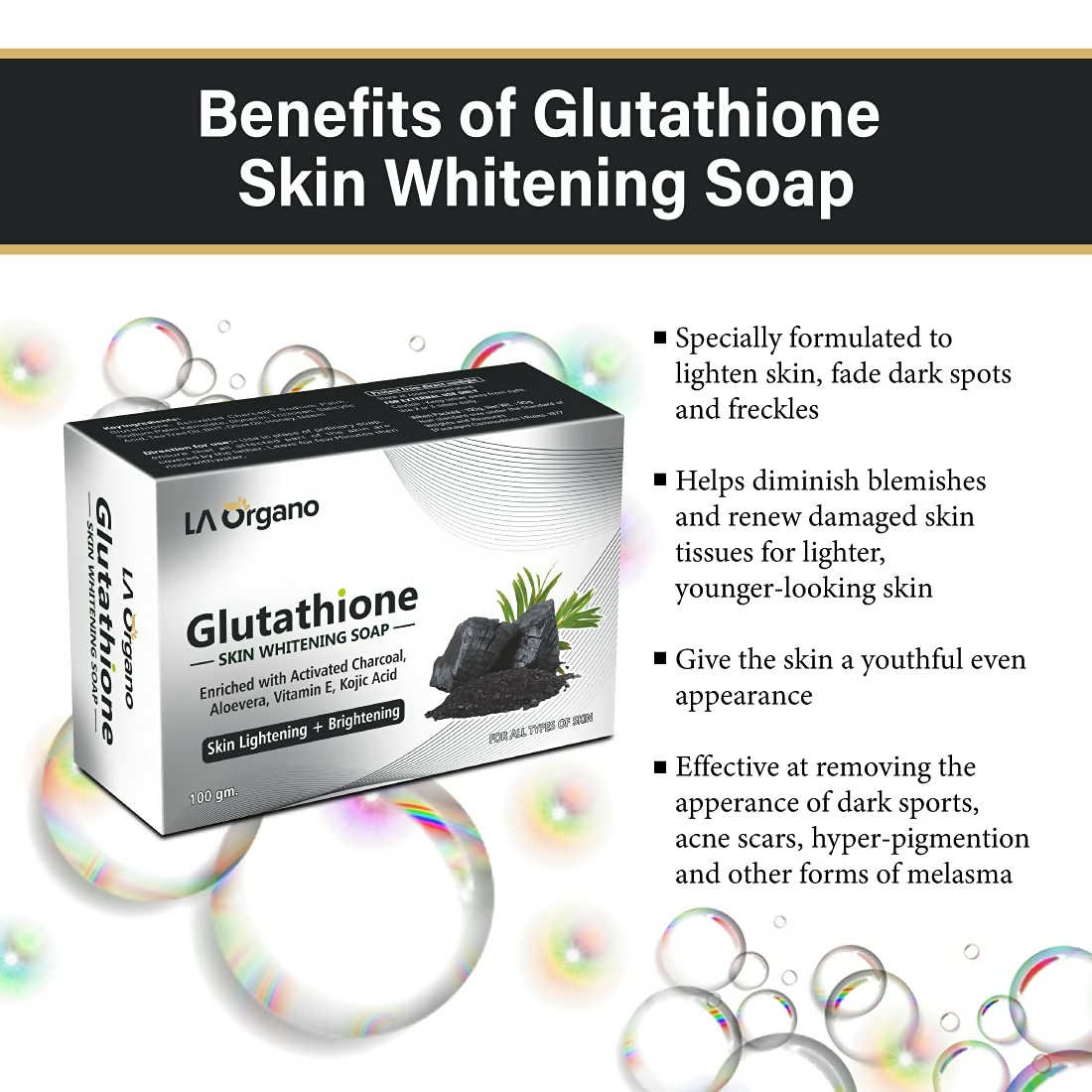 LA Organo Glutathione Activated Charcoal Skin Whitening Soap | Grocsy