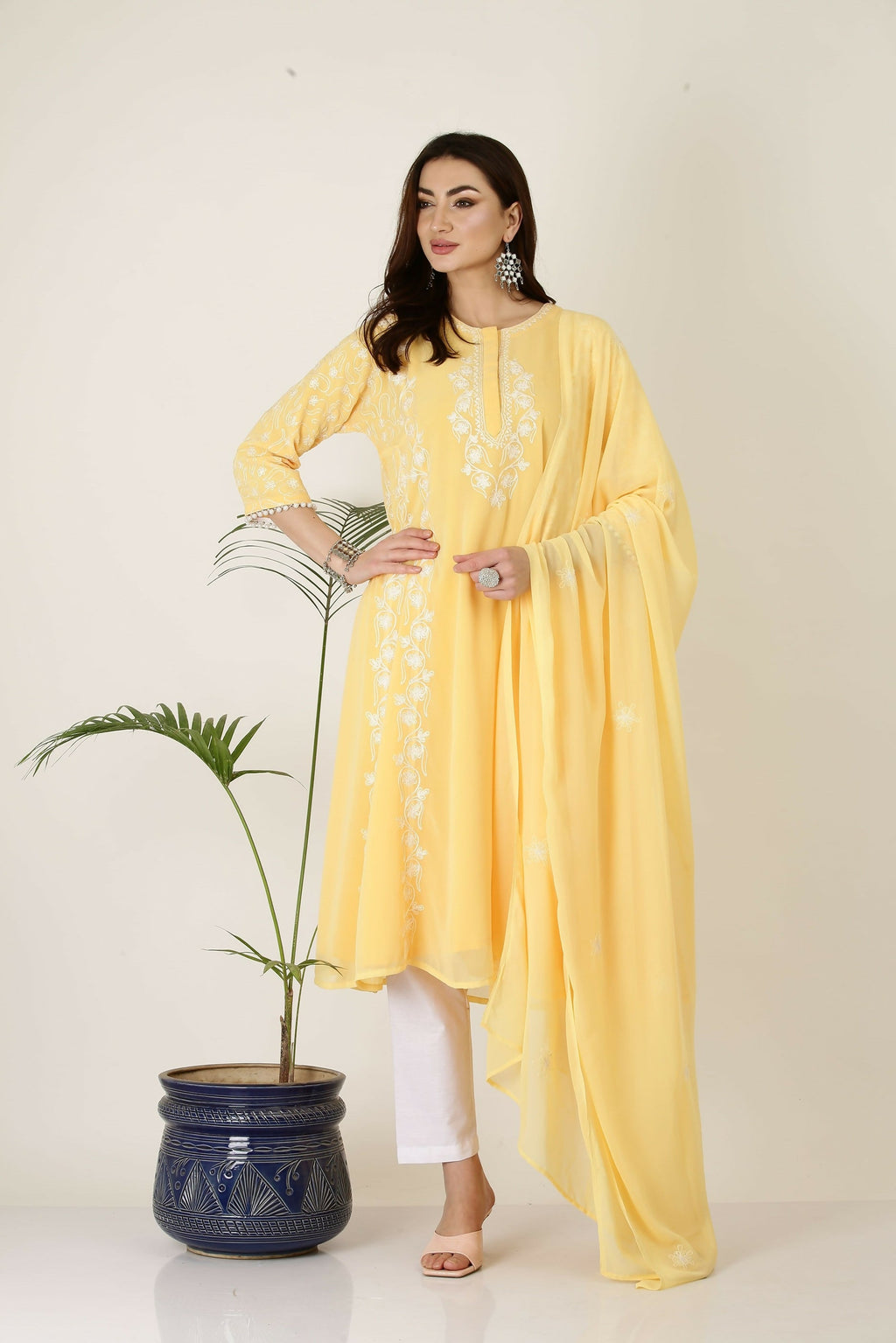 Joban Fashion Yellow&White Georgette Kurta Set | Grocsy