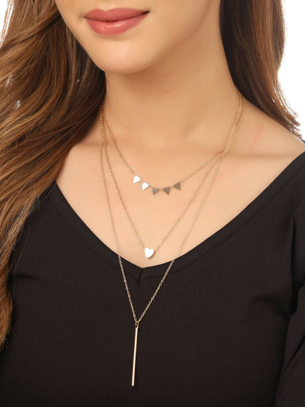 NVR Women's 3 Layered Gold-Polished Minimal Layered Necklace | Grocsy
