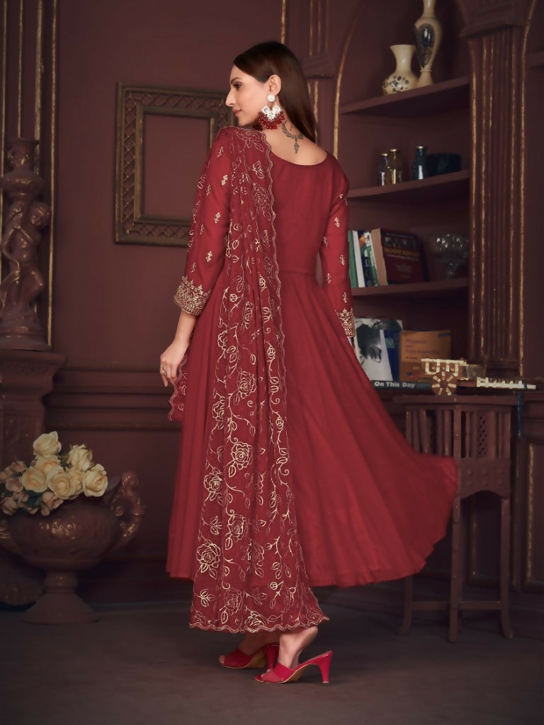 Jyoti Fashion Women's Maroon Georgette Embroidered Anarkali Kurta Pant Set With Dupatta | Grocsy