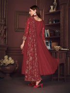 Jyoti Fashion Women's Maroon Georgette Embroidered Anarkali Kurta Pant Set With Dupatta | Grocsy