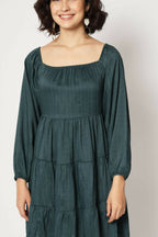 Teal Viscose Solid Design Flared Dress - Shivani | Grocsy