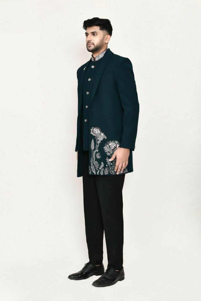 Joban Fashion Green Colored Imported Polyester Fabric Open Prince Coat, Jacket With Pant | Grocsy