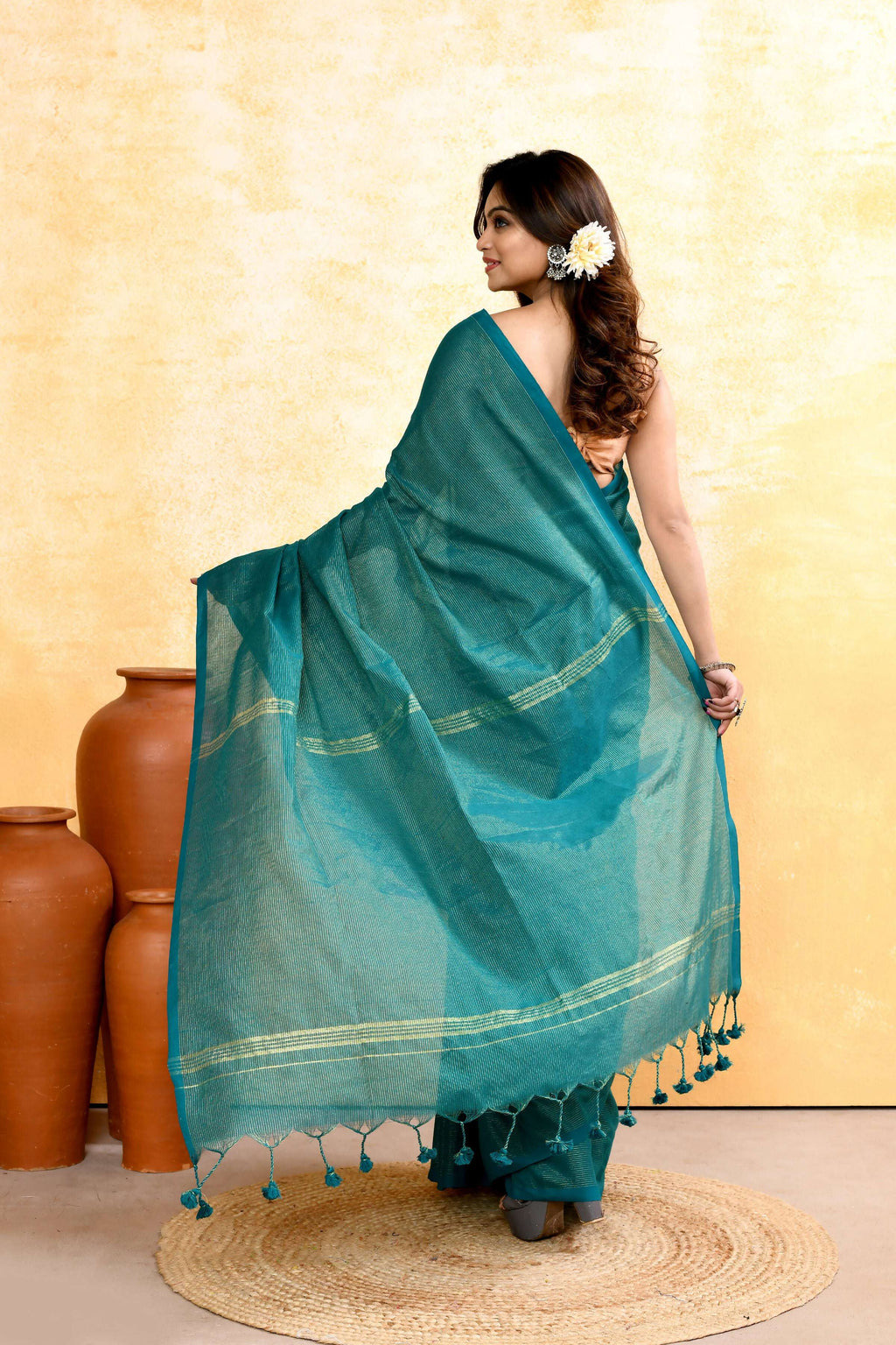 Piyari Fashion Women's Teal Embellished Cotton Blend Zari Check Handloom Saree | Grocsy