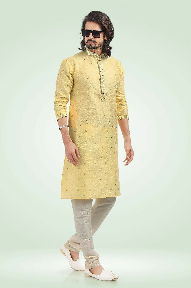 Raivat Ethnic Jacquard Banarasi Silk Pintux Work Kurta Pajama In Yellow Colour | Grocsy