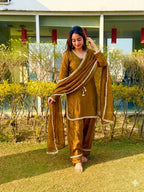 Teeya Creation New Trendy Elegant Gold Chanderi Silk Kurta Set with Delicate Lace Detailing and Matching Dupatta | Grocsy