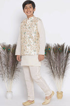 Little Bansi Banarsi Silk Pink Blue Floral Embroidery Jacket with Cotton Kantha kurta and Kantha Pyjama - Cream | Grocsy