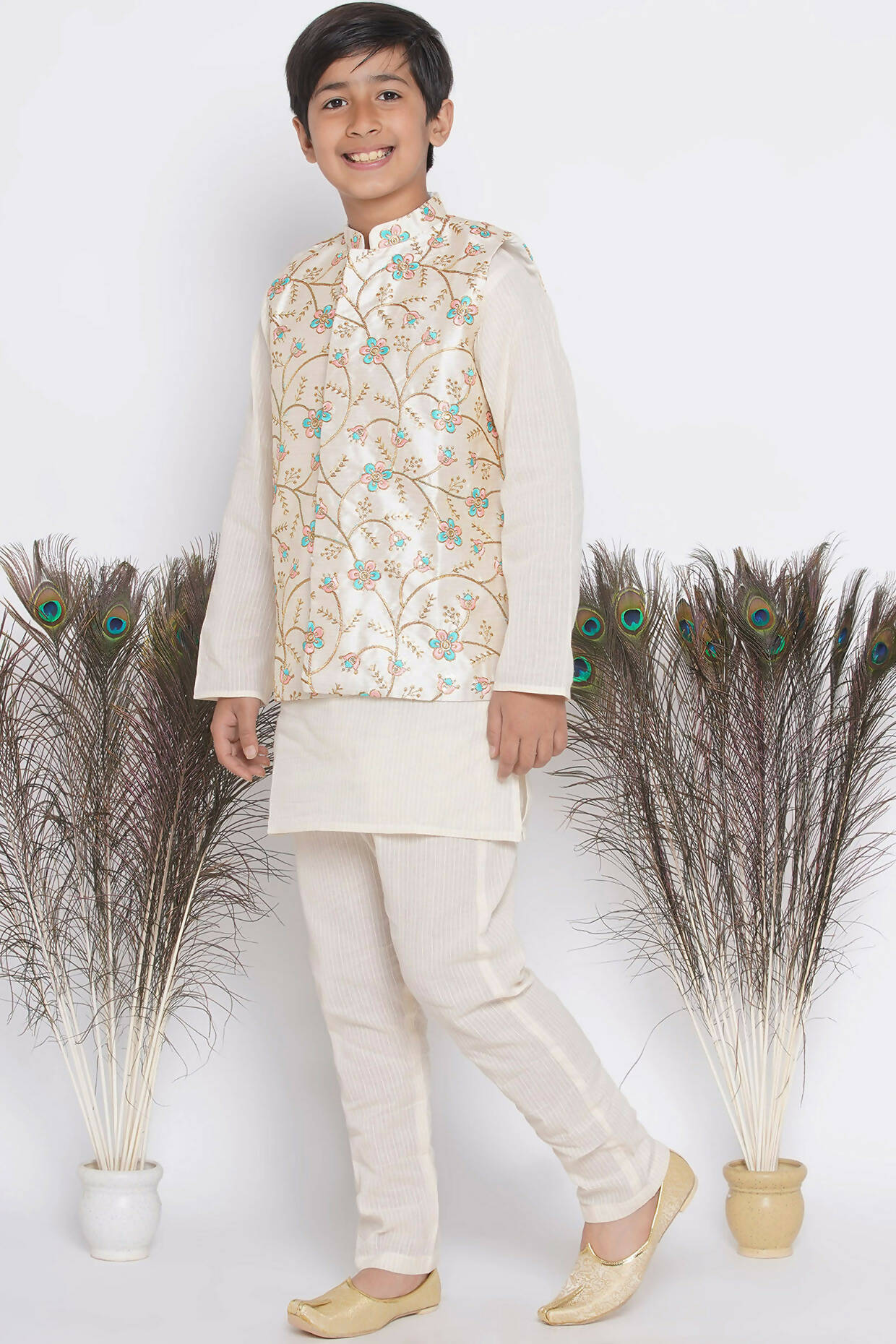 Little Bansi Banarsi Silk Pink Blue Floral Embroidery Jacket with Cotton Kantha kurta and Kantha Pyjama - Cream | Grocsy