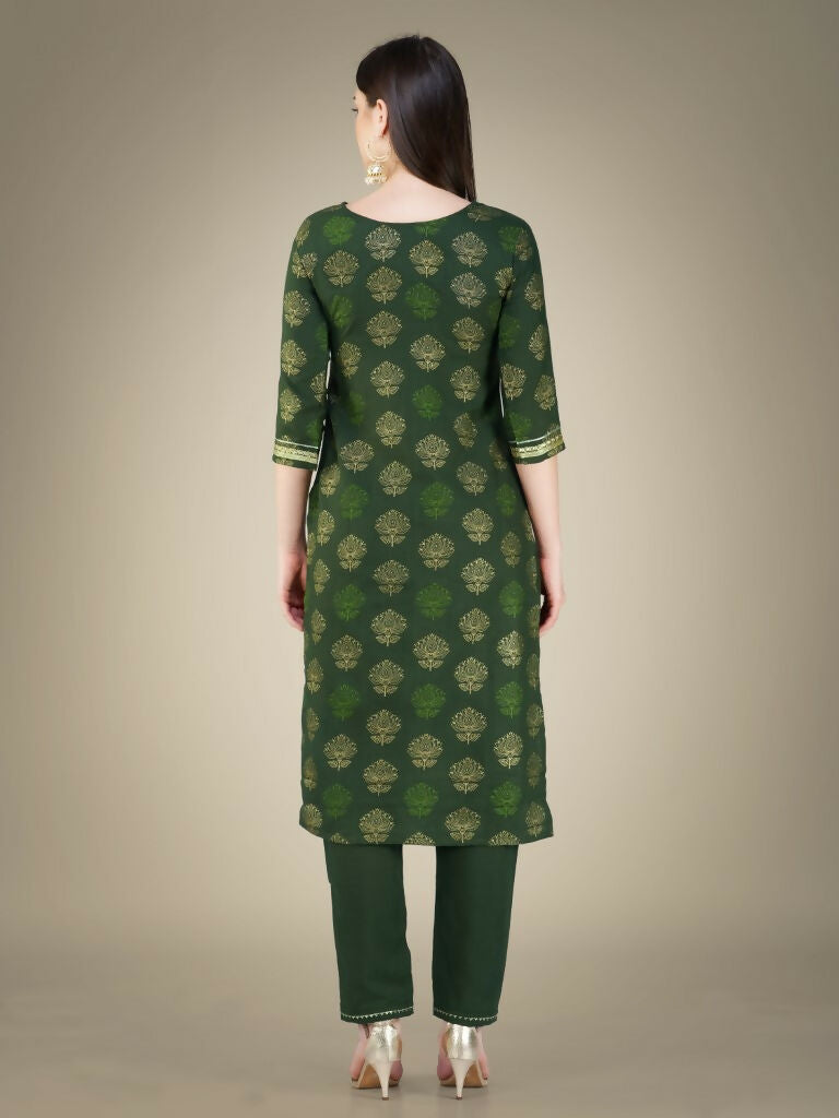 Jyoti Fashion Women's Dark Green Cotton Magic Slub Embroidery & Sequence work Kurta with Trouser & Dupatta | Grocsy