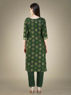 Jyoti Fashion Women's Dark Green Cotton Magic Slub Embroidery & Sequence work Kurta with Trouser & Dupatta | Grocsy