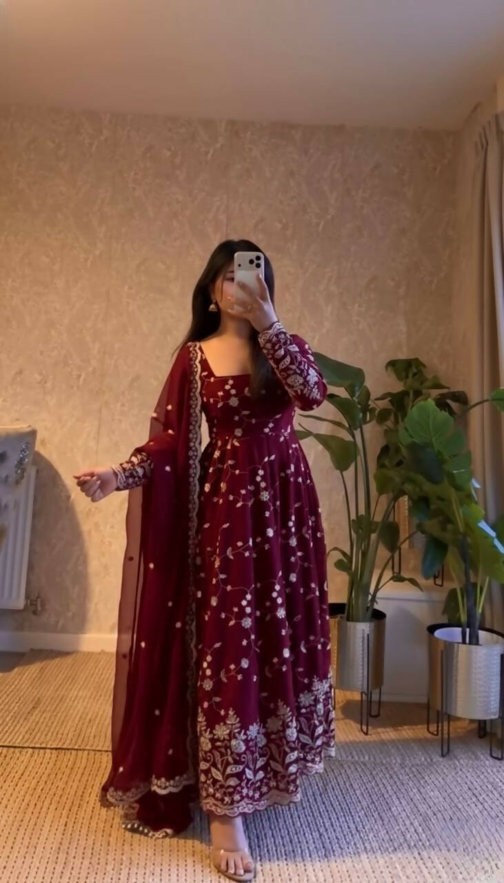 Teeya Creation Maroon Color Faux Georgette Long Party Wear Gown | Grocsy