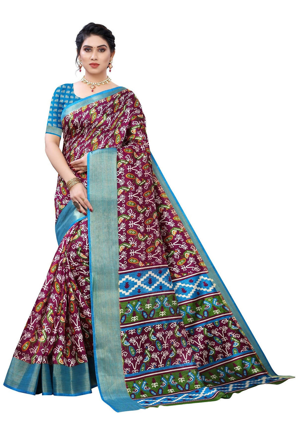 Vamika Purple and Blue Linen Jari Border Saree Online At Low Price | Grocsy