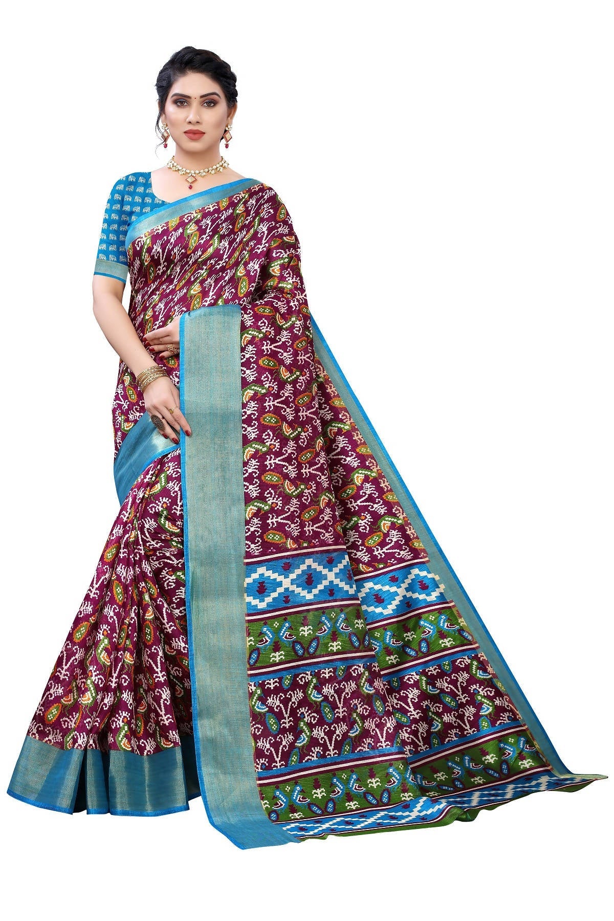Vamika Purple and Blue Linen Jari Border Saree Online At Low Price | Grocsy