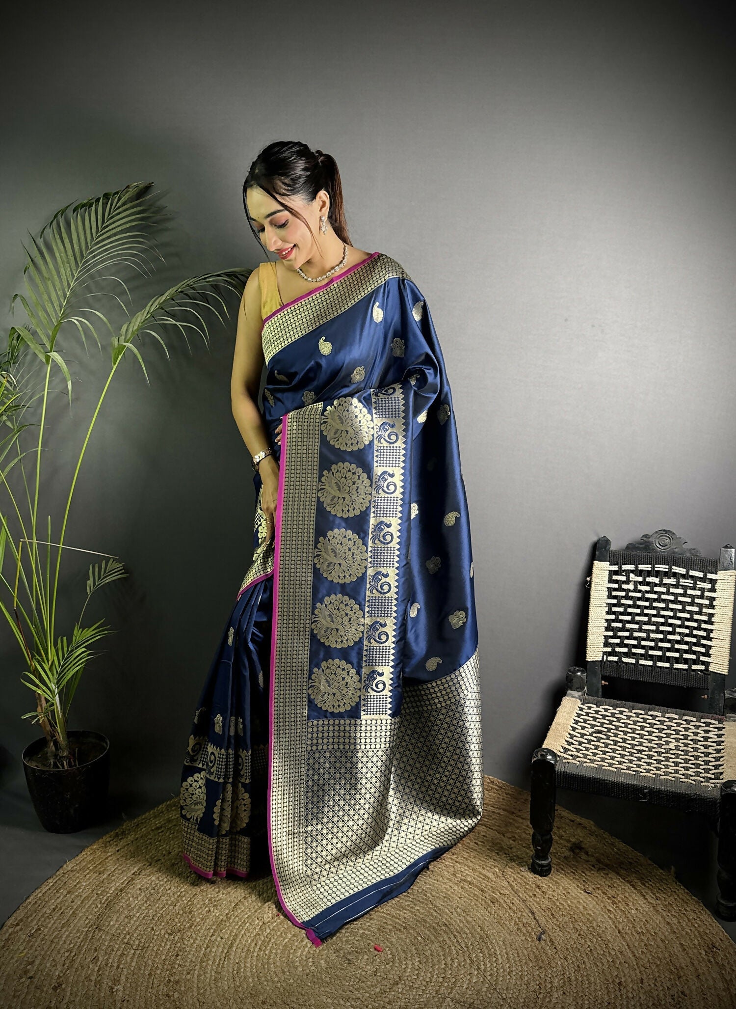 Joban Fashion Navy Blue Banarasi Soft Lichi Silk Paisley Saree | Grocsy