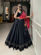 Vastranavya Navaratri Special Pure Cotton Plain With Gotta Patti Touch Up Lehenga Stitched Choli - Black | Grocsy