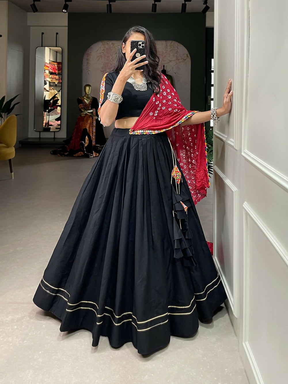 Vastranavya Navaratri Special Pure Cotton Plain With Gotta Patti Touch Up Lehenga Stitched Choli - Black | Grocsy