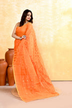 Piyari Fashion Women's Orange Embellished Cotton Blend Jamdani Saree | Grocsy