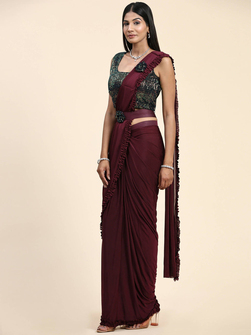Maroon Imported Fabric Plain Ready to wear Saree with stitched Blouse - Vrinda | Grocsy