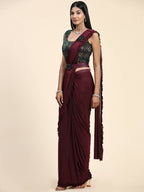 Maroon Imported Fabric Plain Ready to wear Saree with stitched Blouse - Vrinda | Grocsy
