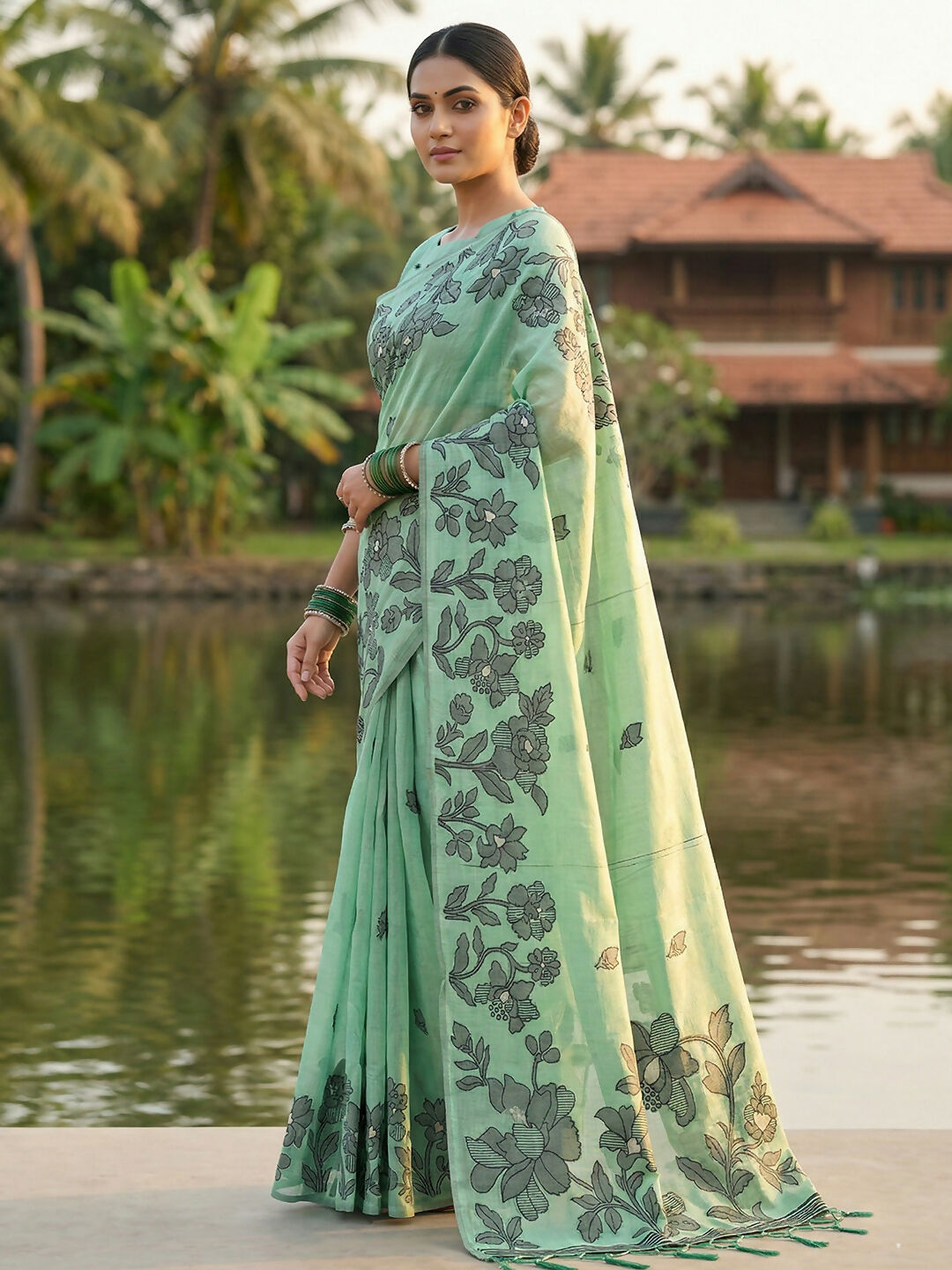 Shree Shyam Fashion Rama Green Linen Cotton Saree | Grocsy