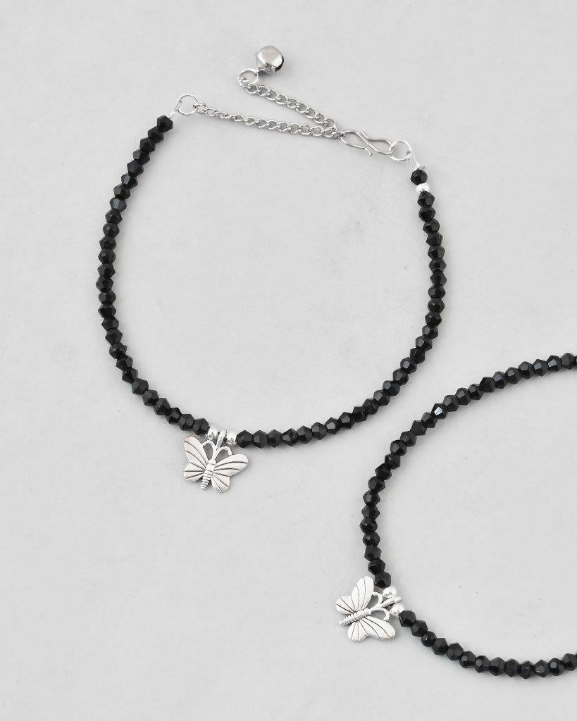VOJ Set of 2 Butterfly Black Beads Anklet | Grocsy